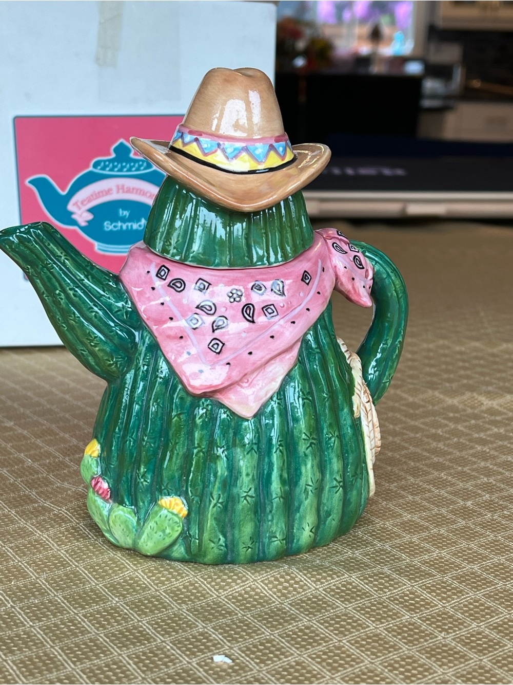 Cactus Cowboy Musical Teapot with Pink Bandana and Straw Hat